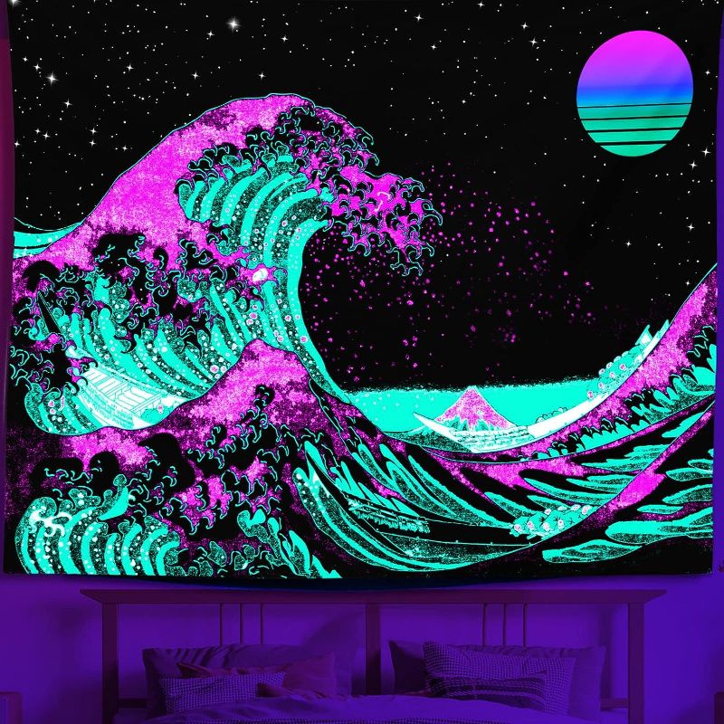 Photo 1 of Apdidl Blacklight Tapestry for Bedroom UV Reactive Ocean Great Wave Tapestries Aesthetic Japanese Kanagawa Wall Hanging Neon Sunset Sea Backdrop Poster Decor for Living Room W79 H60
