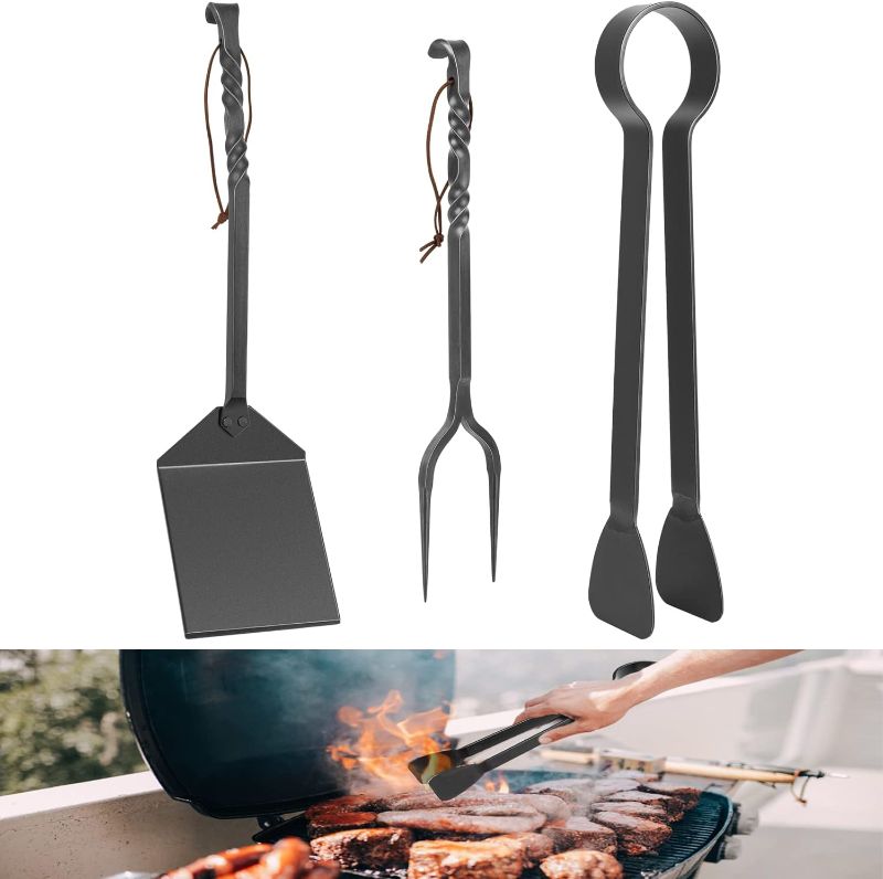 Photo 1 of 3PCs BBQ Accessories Set - Grill Spatula, Meat Fork, Grilling Tongs, Blacksmith Cooking Barbecue Tools Gift - Heavy Duty Hand Forged Handmade Craftsmanship Metal Rustic Outdoor Utensils
