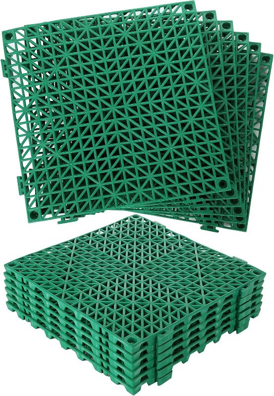 Photo 1 of 12 Pack 11.6 inch Modular Interlocking Rubber Cushion Mat Soft PVC Non-Slip Pool Bathroom Mats for Floor Splicing Floor Tiles Mat with Drain Holes for Pool, Patio, Kitchen, Deck, Pet, Drain-Green
