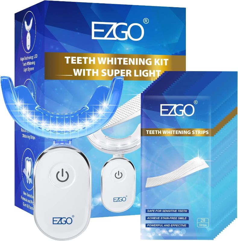 Photo 1 of EZGO Teeth Whitening Kit with LED Light, Non-Sensitive Teeth Whitener with 1 Month Teeth Whitening Strip, 28LED Teeth Whitening Light, Help to Remove Teeth Stains from Coffee, Tea and Wine (28Count)
