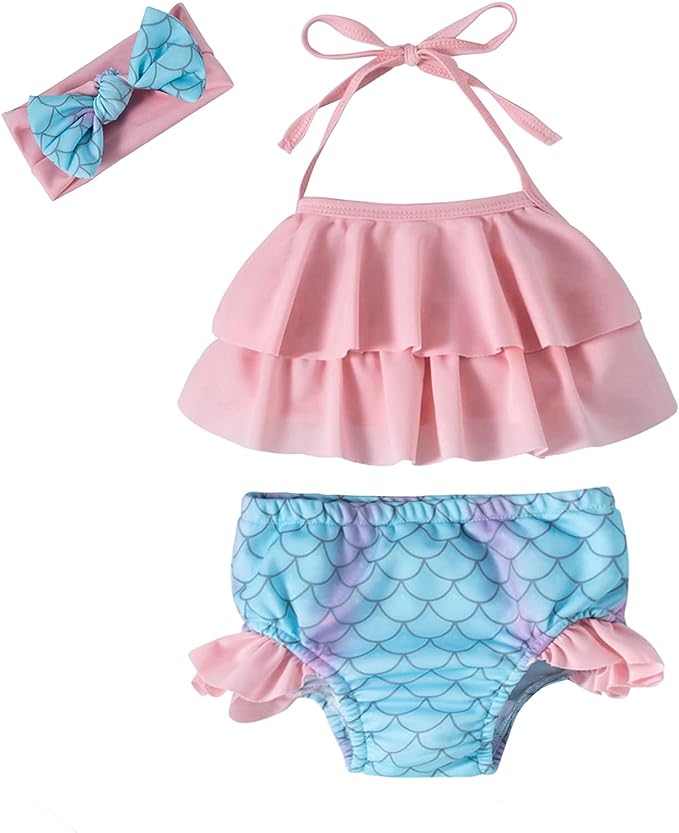 Photo 1 of Baby Girls Swimsuit Ruffle Baby Bathing Suits Two Piece Infant Mermaid Bikini for Toddler Beach Swimming 1Y
