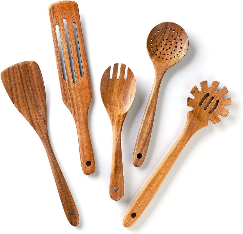 Photo 1 of 5 PCS Wooden Spoons for Cooking, Wooden Utensils for Cooking ?Durable Natural Teak Cooking Utensils, Wooden Spoons for Cooking - Non-Stick Natural Healthy Kitchen Cookware Set
