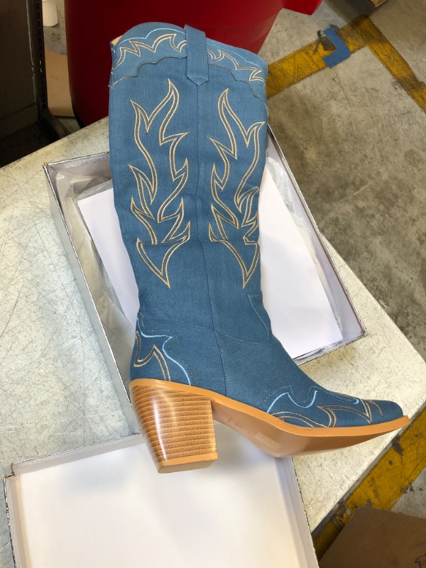 Photo 2 of wetkiss Knee High Cowboy Cowgirl Boots for Women, with Unique Embroidery, Side Zipper and Chunky Heel Design 9.5 Denim Blue