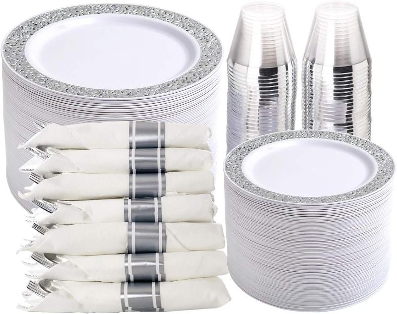 Photo 1 of 150Pieces Silver Disposable Plastic Dinnerware, Silver Lace Plates for Wedding & Party, Includes: Dinner Plates,  Dessert Plates,  Cups,  