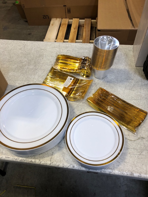 Photo 1 of 150pc plastic dinnerware gold trim