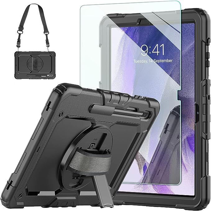 Photo 1 of Case for Samsung Galaxy Tab S8 Plus/S7 FE/S7+12.4 inch, with 9H Tempered Glass Screen Protector [Upgraded Military Grade] Ambison Heavy Duty Shockproof Cover with S-Pen Holder & Strap (Black)