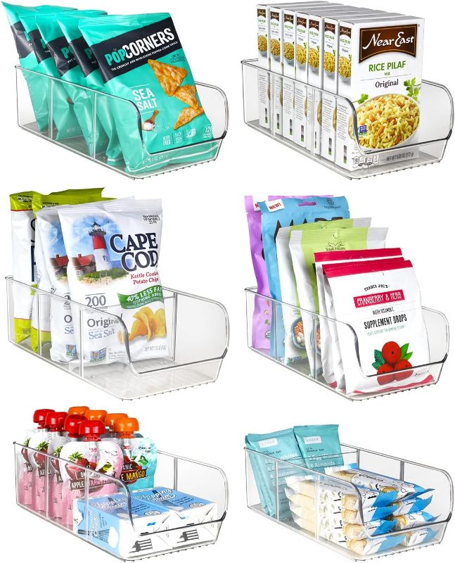 Photo 1 of  6 Pack Snack Organizer for Pantry, 3 Compartment Plastic Pantry Organizer Bins with Removable Dividers, Chip Organizer for Pantry, Food Packets, Spices, Condiments, Fridge, Cabinet, Kitchen