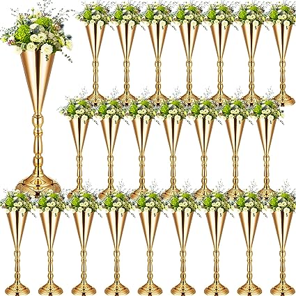 Photo 1 of 24 Pcs 16.5 Inches Gold Vase Wedding Table Decorations Tall Centerpiece Reception Flower Trumpet Vase Tabletop Stand Decorative Metal Flower Stand for Anniversary Xmas Party Supplies