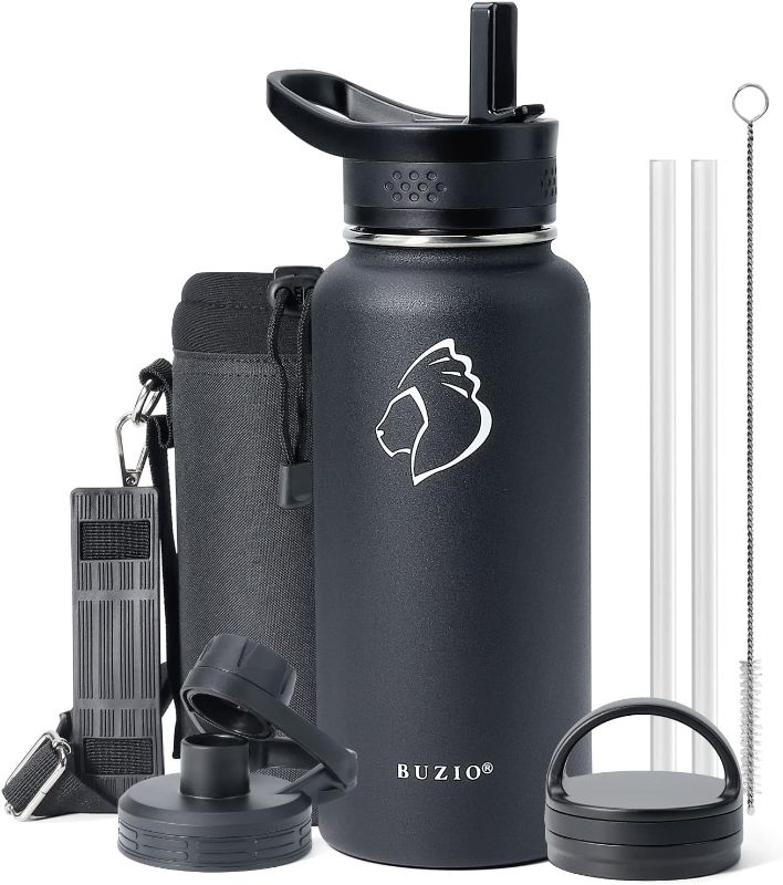Photo 1 of BUZIO Sports Water Bottle, 32 oz Vacuum Insulated Stainless Steel with 3 Caps, Hot Cold Double Wall Leakproof Modern Double Walled Simple Thermo Mug with Carrying Pouch, Black
