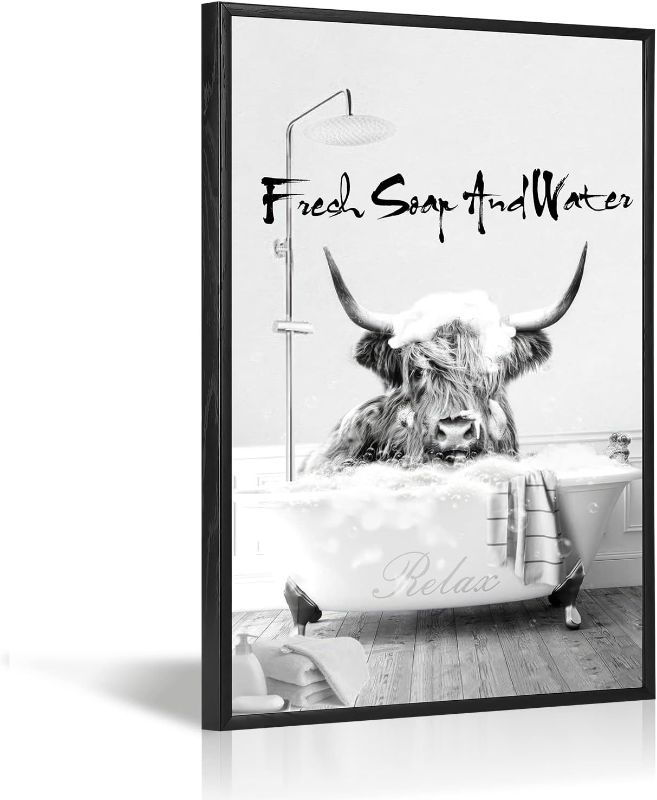 Photo 1 of Foduuo Funny Highland Cow Wall Art, Black and White Pictures Prints Canvas Waterproof Framed Wall Art Humor Animals Abstract Prints Ready To Hang for Living Room, Bathroom, Bedroom, Kids Bathroom Decor
