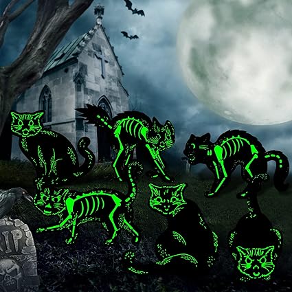 Photo 1 of 6 Pieces Halloween Black Cat Yard Signs with Stakes Scary Cats Halloween Yard Decoration Luminous Skeleton Cat Silhouette Halloween Decoration Outdoor for Home Garden Backyard Lawn Patio Decor