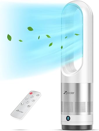Photo 1 of ZICOOLER Tower Fan for Bedroom, 22 Inch Bladeless Fan, 80° Oscillating with Remote, 8 Speeds, 8H Timer, Quiet Desk Cooling Standing Floor Fans Indoor Home Office Room, White