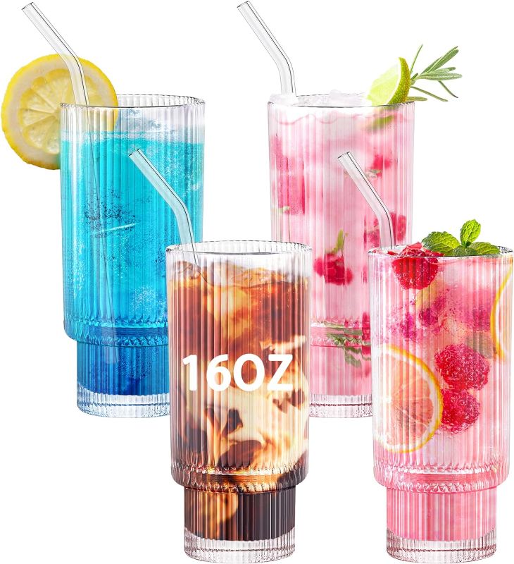 Photo 1 of 16oz Ribbed Drinking Glasses Set of 4, Clear Reusable Ribbed Glassware, Iced Coffee Cup, Cocktail Can Beer Glasses Cups with Straws, Vintage Wine Boba Tea Water Glass Tumbler, Cute House Warming Gifts
