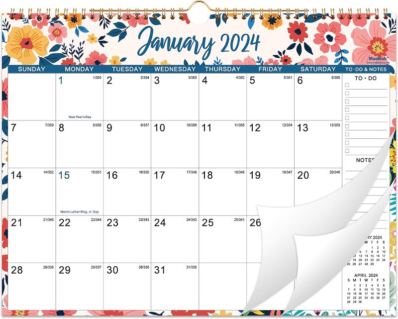 Photo 1 of 2024 Wall Calendar - Jan 2024 - Dec 2024, 12 Months Hanging Monthly Calendar 2024, 14.8" x 11.57", Twin-Wire Binding, Julian Dates, Large Block, Notes, To-do List, Thick Paper, Perfect for Organizing
