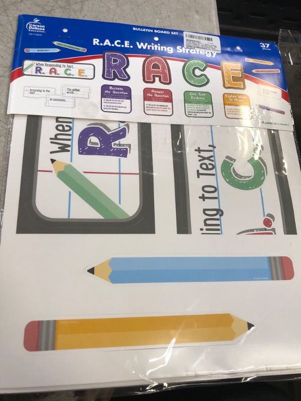 Photo 2 of Carson Dellosa R.A.C.E. Writing Strategy Bulletin Board Set—Alphabet Letters and Sentence Starters, Informational Charts, Pencils with Motivational Quotes, Homeschool or Classroom Décor (37 pc)