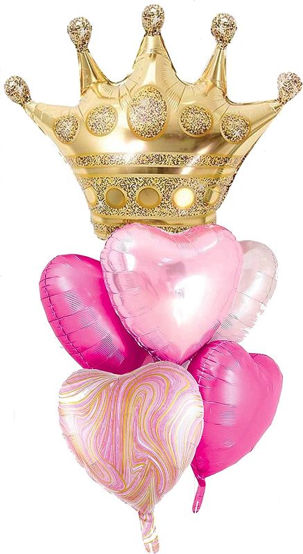 Photo 1 of -Pink And Gold Large Crown Heart Foil Helium Mylar Balloons Set For Girl's Happy Birthday Pink Princess Party Decorations Baby Shower Party Supplies
