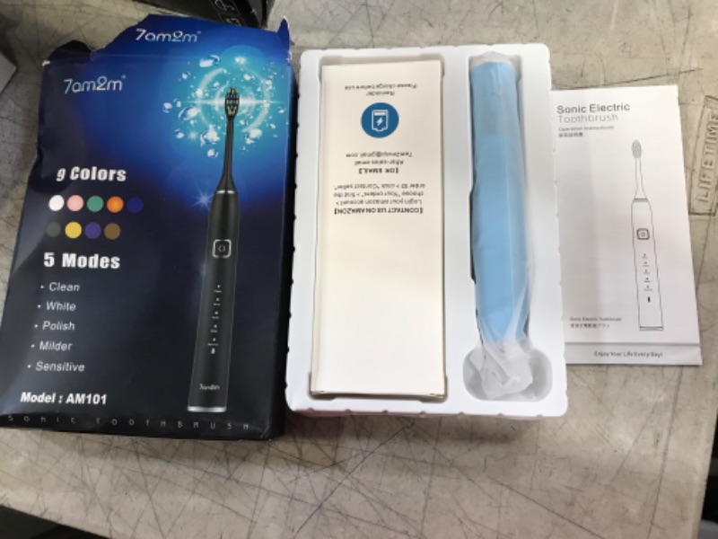 Photo 1 of 7AM2M Sonic Electric Toothbrush with 6 Brush Heads for Adults and Kids, One Charge for 90 Days,Wireless Fast Charge, 5 Modes with 2 Minutes Built in Smart Timer, Electric Toothbrushes(Light Blue)