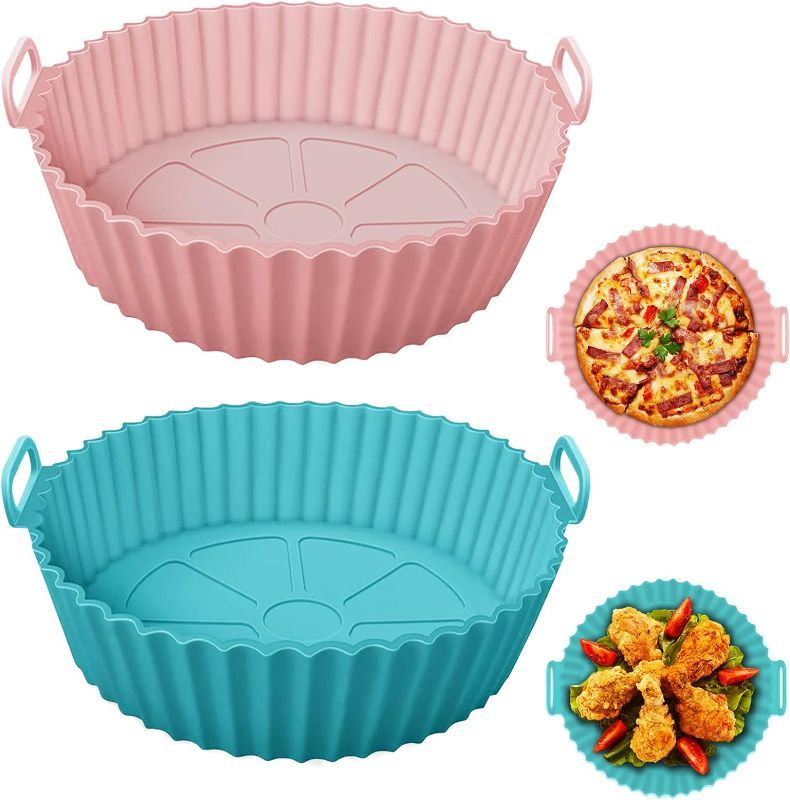 Photo 1 of 2 Pack Silicone Air Fryer Liners, 8 Inch Reusable Air Fryer Silicone Pot Round Air Fryer Silicone Basket for 3.5 to 7 QT for Baking Oven Microwave Accessories (Pink+Blue)
