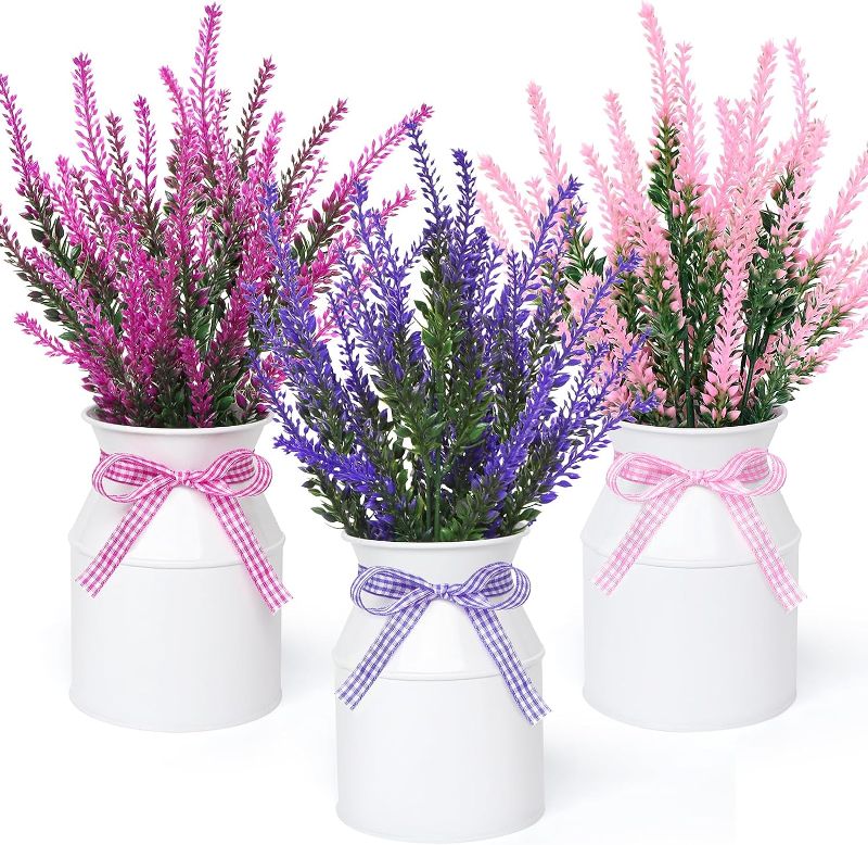Photo 1 of Aweyka 3 Pack Lavender Mason Jar Table Centerpiece, Artificial Lavender Flowers Decor Faux Lavender Plants Potted for Summer Farmhouse Table Centerpiece Windowsill Country Indoor Wedding Decoration
