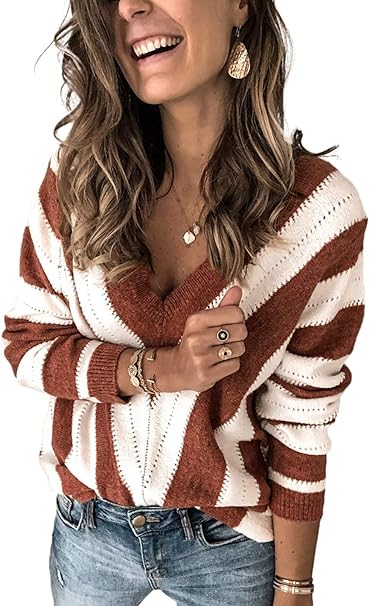 Photo 1 of Asvivid Women's 2023 Spring Long Sleeve V Neck Color Block Striped Pullover Sweater Tops Large 