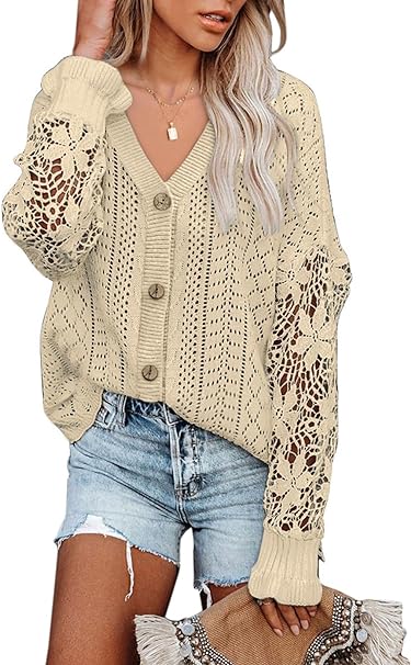 Photo 1 of AlvaQ Womens Lightweight Lace Crochet Cardigan Sweater Kimonos Casual Oversized Open Front Button Down Knit Outwear XL