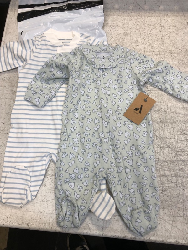 Photo 2 of Amazon Aware Unisex Babies' Organic Cotton Footed Sleep and Play, Pack of 2 Newborn Green Birds Print/White Stripe