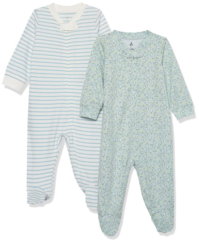 Photo 1 of Amazon Aware Unisex Babies' Organic Cotton Footed Sleep and Play, Pack of 2 Newborn Green Birds Print/White Stripe