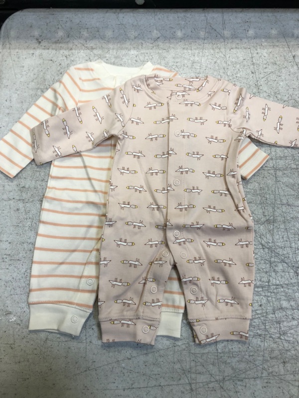 Photo 2 of Amazon Aware Unisex Babies' Organic Cotton Footless Coverall, Pack of 2 Newborn Beige Mouse/Pink Stripe