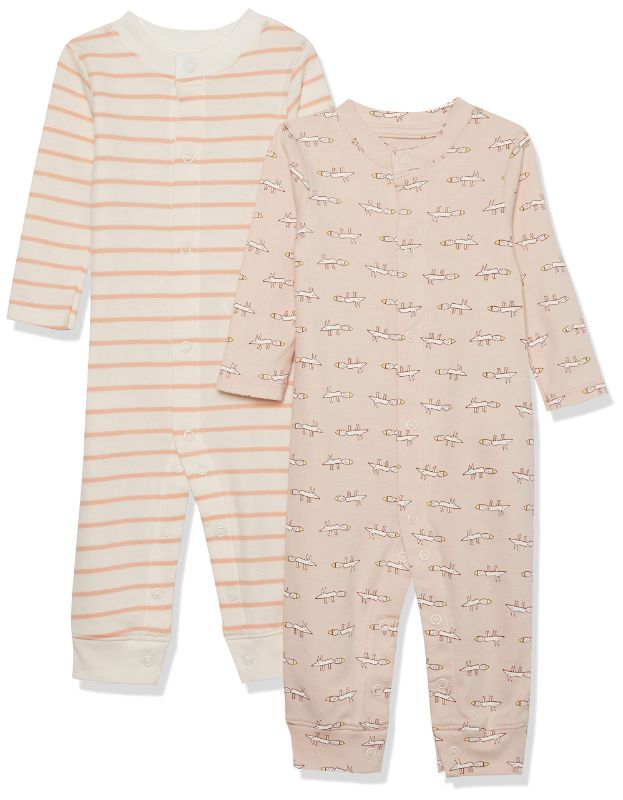 Photo 1 of Amazon Aware Unisex Babies' Organic Cotton Footless Coverall, Pack of 2 Newborn Beige Mouse/Pink Stripe