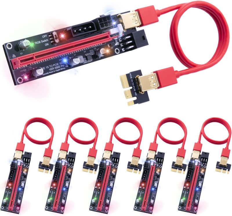 Photo 1 of Mailiya 6 Pack PCIe Riser, GPU Riser Express Cable 16x to 1x, Powered Riser Adapter w/4 Solid Capacitors/RGB LED Light/60cm USB 3.0 Cable for BTC/Litecoin Ethereum Mining ETH
