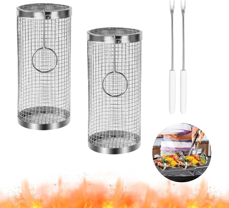 Photo 1 of 2-Pack Grill Basket -HUMZGHG Rolling BBQ Grilling Baskets with Stainless Steel Mesh for Fish, Shrimp, Meat, Vegetables, Fries - Portable and Useful Barbecue Accessories for Outdoor Cooking. (20*9*9CM)
