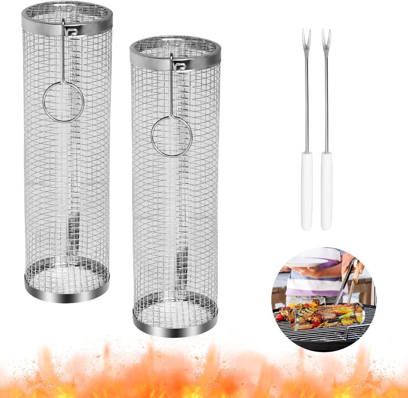 Photo 1 of 2-Pack Grill Basket -HUMZGHG Rolling BBQ Grilling Baskets with Stainless Steel Mesh for Fish, Shrimp, Meat, Vegetables, Fries - Portable and Useful Barbecue Accessories for Outdoor Cooking. (30*9*9CM)
