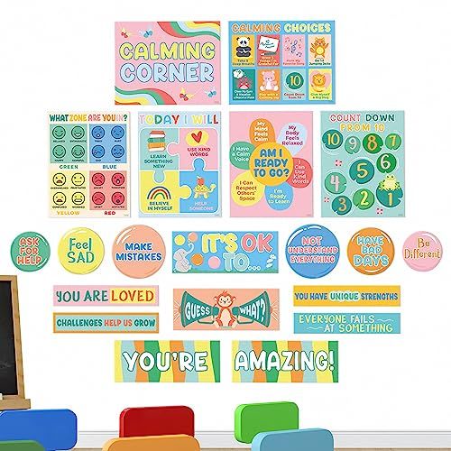 Photo 1 of S&O Calm Down Corner to Relax Kids - Soothing Classroom Bulletin Board Sets - Calming Corner Items Kids Feelings Chart - Calm Down Corner Supplies - C
