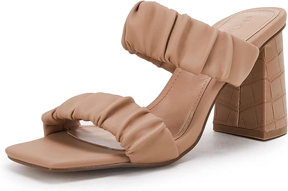 Photo 1 of Coutgo Women's Ruched Slide Double Strap Square Open Toe Chunky Block Heeled Backless Summer Sandals
