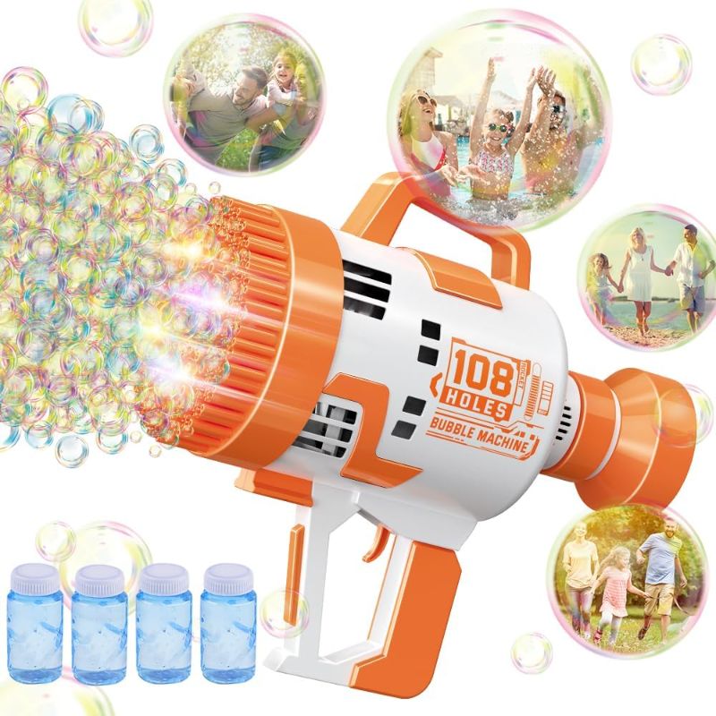 Photo 1 of Bubble Gun - 108 Holes Bubble Machine Gun, 2023 Upgraded, Bubble Blower with Colorful Lights, Summer Toys for Toddlers Kids Adults Summer Party Favors Outdoor Pool Toys (Orange)
