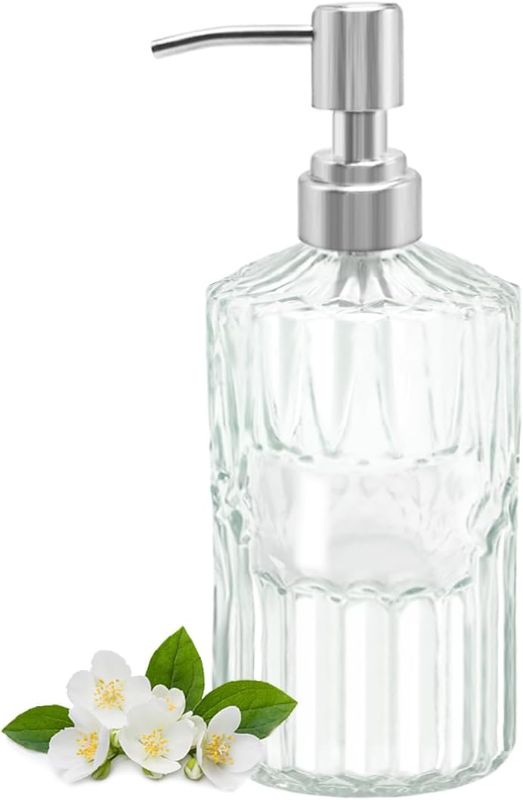 Photo 1 of 15 OZ Clear Soap Dispenser with Stainless Steel Pump - Liquid Hand Soap Dispenser Glass Lotion Dispenser Bottle for Kitchen Bathroom
