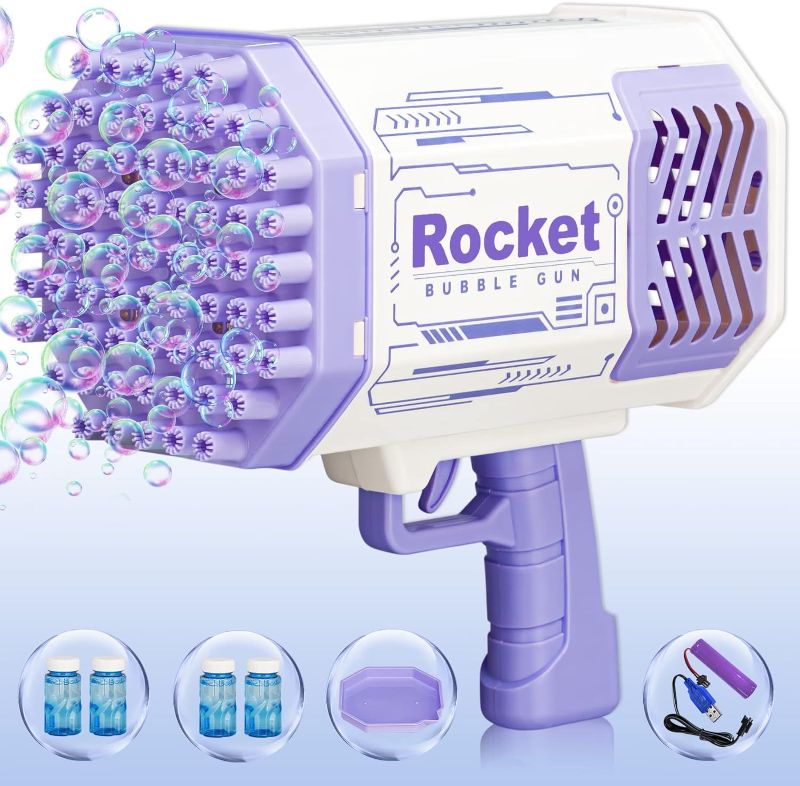 Photo 1 of 69-Hole Bazooka Bubble Gun Machine with Flash Lights|Rocket Boom Bubble Blower|Giant Bubble Blaster Maker,Toddler Outdoor Toys for Kids Ages 4-8,Gifts for 3 5 6 7 Year Old Boys & Girls,Adults (Purple)
