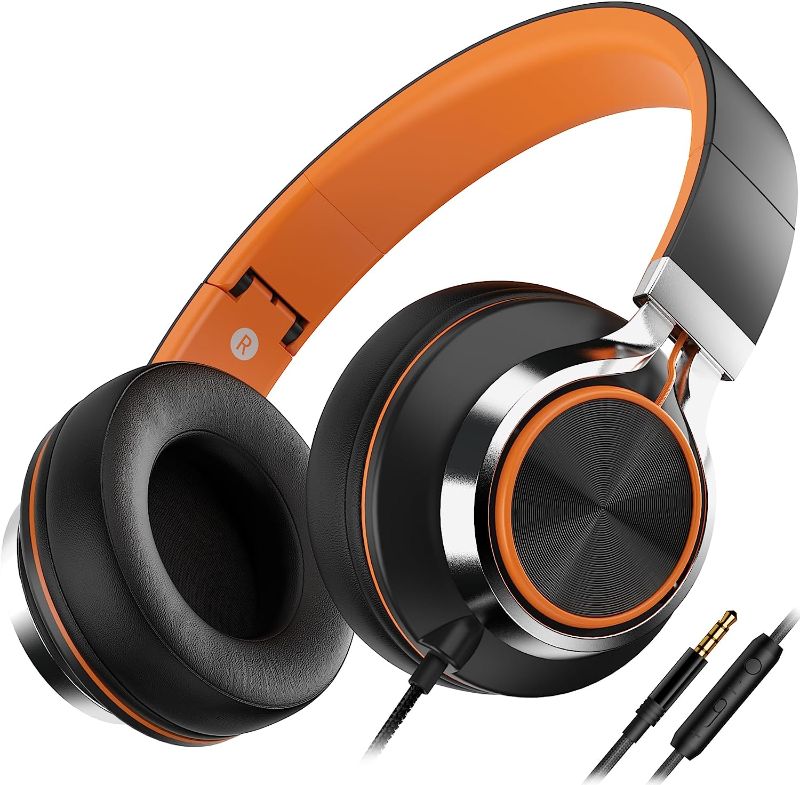 Photo 1 of AILIHEN C8 Headphones Wired with Microphone and Volume Control Folding Stereo Lightweight Corded On-Ear 3.5mm Headset for Boys Girl Cellphones Tablets Chromebook Laptop Computer (Black/Orange)
