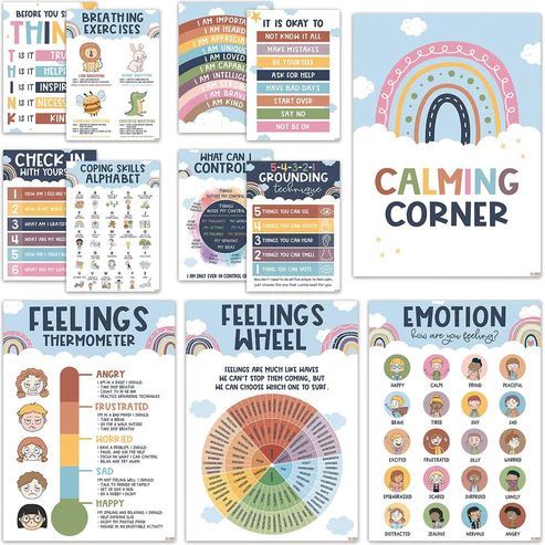 Photo 1 of 12 Calming Corner Classroom Posters - Feelings Wheel Chart & Emotions Poster For Kids, Calm Down Corner Supplies For Therapy Office Decor, Mental Health Wall Decorations For Preschool Teachers BEAWART
