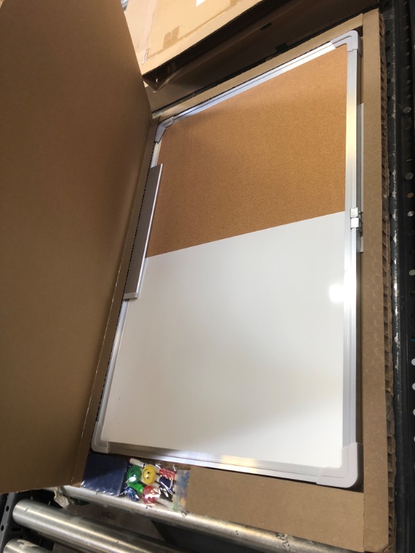 Photo 2 of Combination Whiteboard Bulletin Board Set - Dry Erase/Cork Board 30 x 20" with 1 Magnetic Dry Eraser, 4 Markers, 4 Magnets and 10 Pins - Big Combo Tack White Board for Home Office Cubicle Desk 30x20" Whiteboard/Cork Board