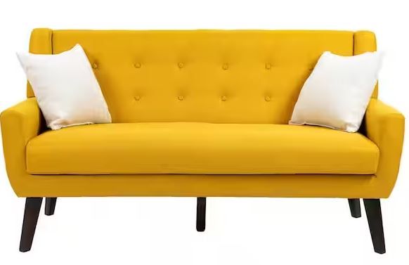 Photo 1 of 63 in.W Modern Straight Arm Linen Fabric Yellow Upholstered Button Loveseat Sofa With Two Pillows
