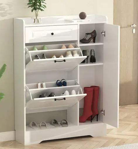 Photo 1 of 47.2 in. H x 35.4 in. W White Wood Shoe Storage Cabinet with Foldable Compartments, Drawer and Cabinets
