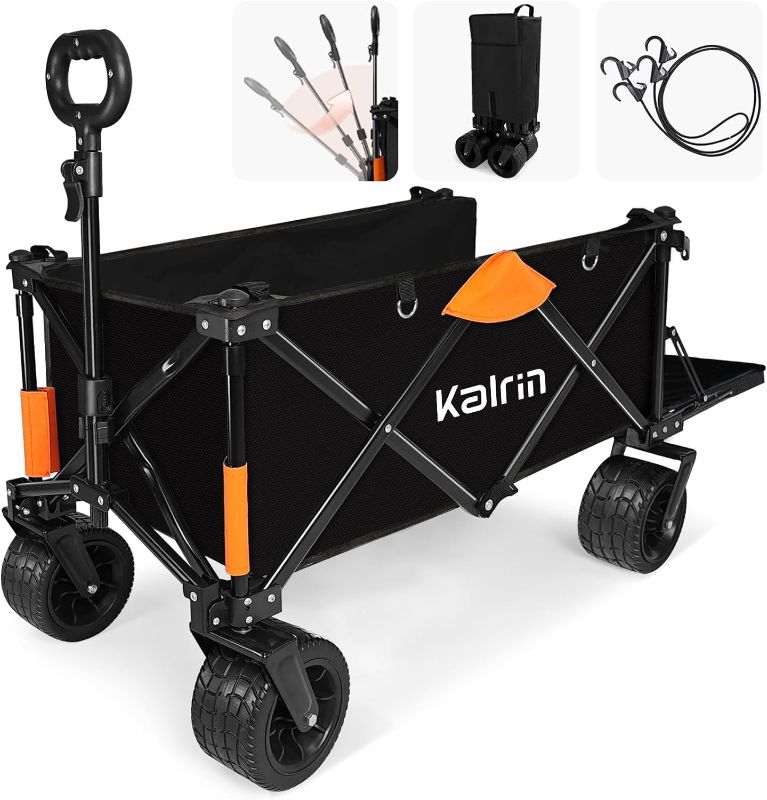 Photo 1 of Kalrin Collapsible Folding Wagon, Portable Large Capacity Beach Wagon Cart with Opened Tailgate, Heavy Duty Utility Wagon with All-Terrain Wheels and Two Elastic Ropes for Camping, Garden, Sports
 - missing accessories