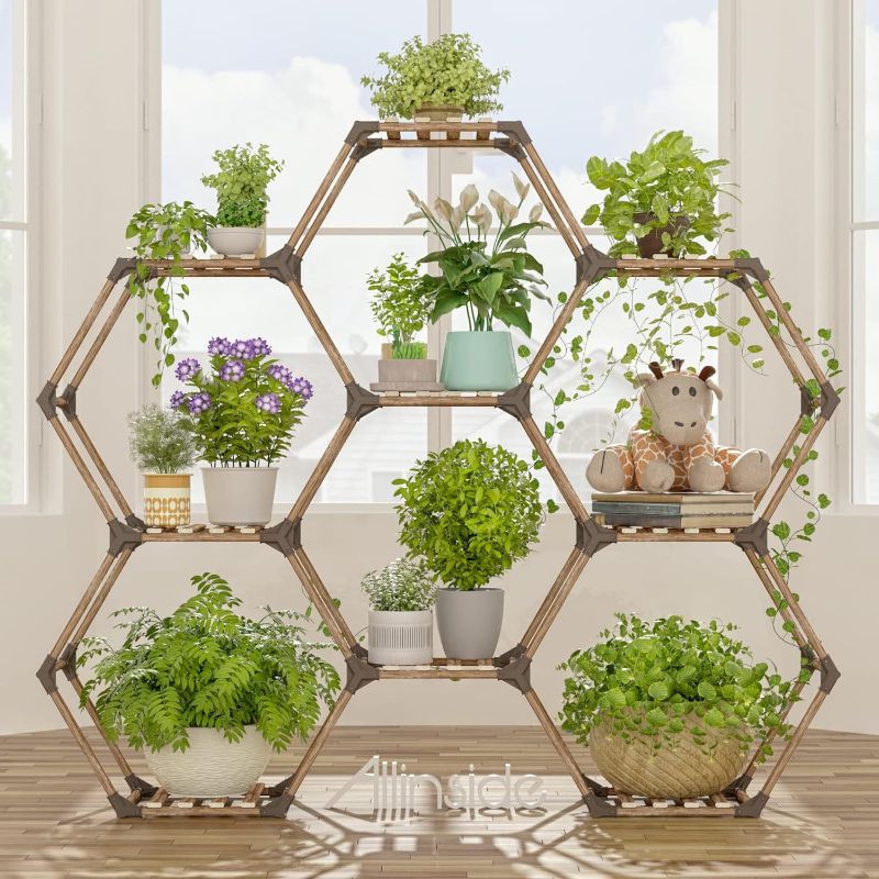 Photo 1 of Allinside Hexagonal Plant Stand Indoor, Wood Outdoor Plant Shelf for Plants,  Potted Ladder Plant Holder Transformable Plant Pot Stand for Corner Window Garden Balcony Living Room - Tiers
