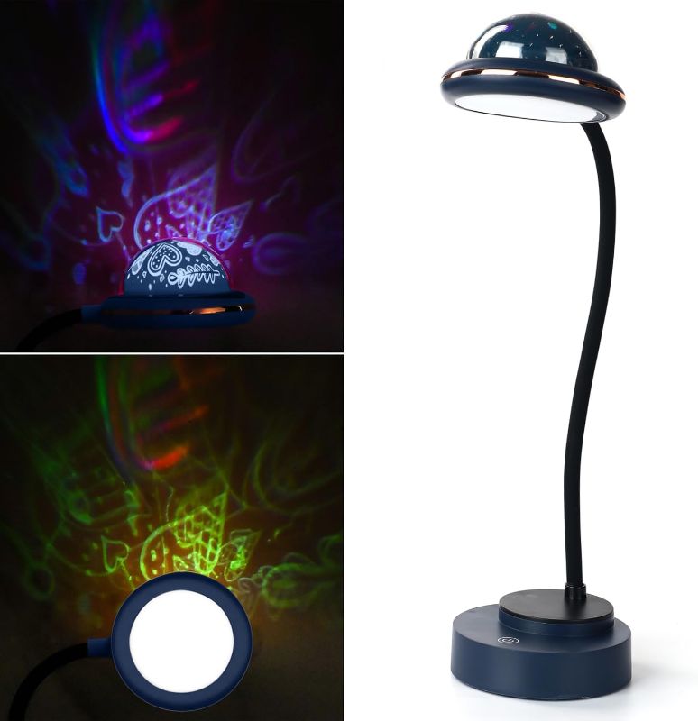 Photo 1 of JBZ LED Desk Lamp Dimmable Small Table Lamp, Portable Kids Reading Lamp with USB Charging Port, with 2W Mini Projector Lamp Night Light, 6000K Cool White, for Living Room, Bedroom Home Office (Blue)
