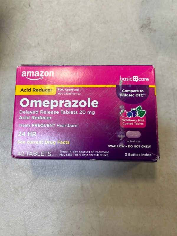 Photo 2 of Amazon Basic Care Omeprazole Delayed Release Tablets 20 mg, Acid Reducer, Wildberry Mint Coated Tablet, 42 Count