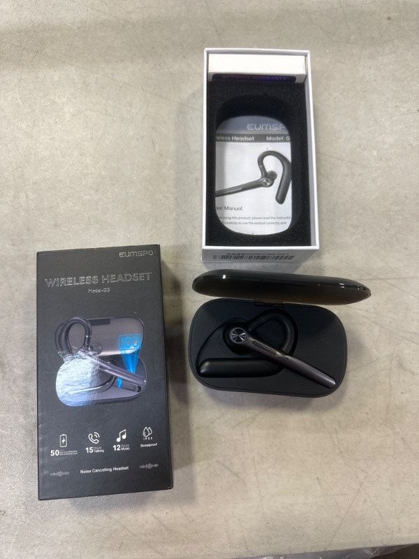 Photo 1 of Eumspo Headset Wireless Earpiece 60Hrs Playback Built-in Dual Mic Noise Canceling Wireless Headset Earphone with 400mAh LED Charging Case for Business Office Trucker Black