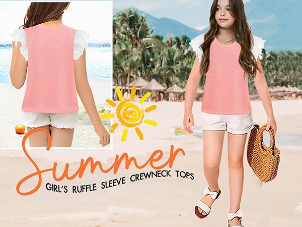Photo 1 of  5-14 Years Geckatte Girls Tees Casual Ruffle Sleeve Crewneck T-Shirts Kids Double Layer Lace Block Color Tank Tops