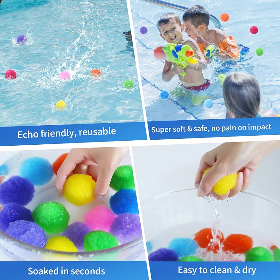 Photo 1 of Reusable Water Splash Balls Water Balloons Soaker Bomb Balls Soft Absorbent Pom Poms Dodgeball with Carry Bag for Kids Swimming Pool Backyard Beach Trampoline Toy Snowball Fight