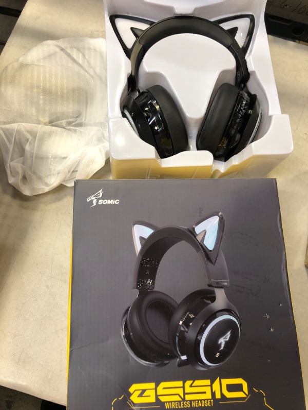 Photo 2 of SOMIC GS510 Cat Ear Headset Wireless Gaming Headphones for PS5/ PS4/ PC, Cute Headset 2.4G with Retractable Mic, 7.1 Stereo Sound, 8Hrs Playtime, RGB Lighting (Xbox Only Work in Wired Mode) Black